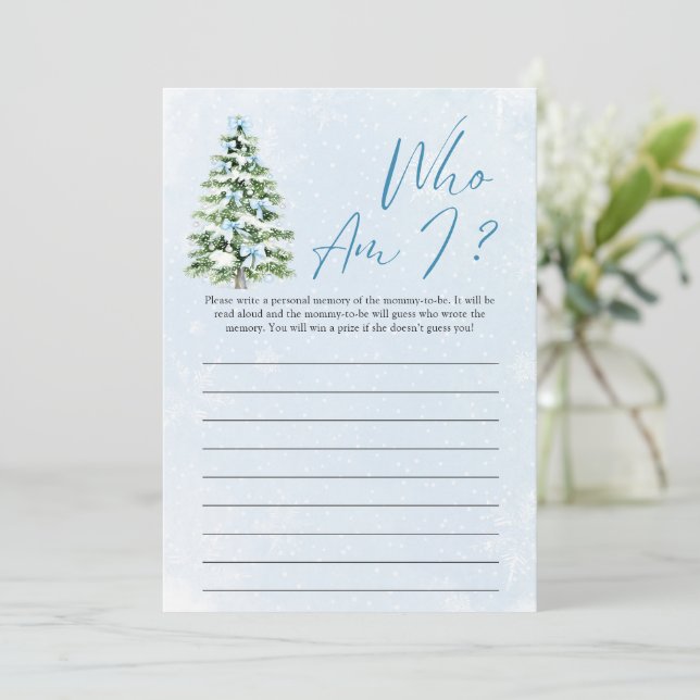 Invitación Blue Bows Christmas Tree Who Am I Baby Shower Game (Anverso de pie)