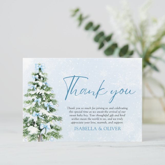 Invitación Blue Bows Christmas Tree Winter Thank you card (Anverso de pie)