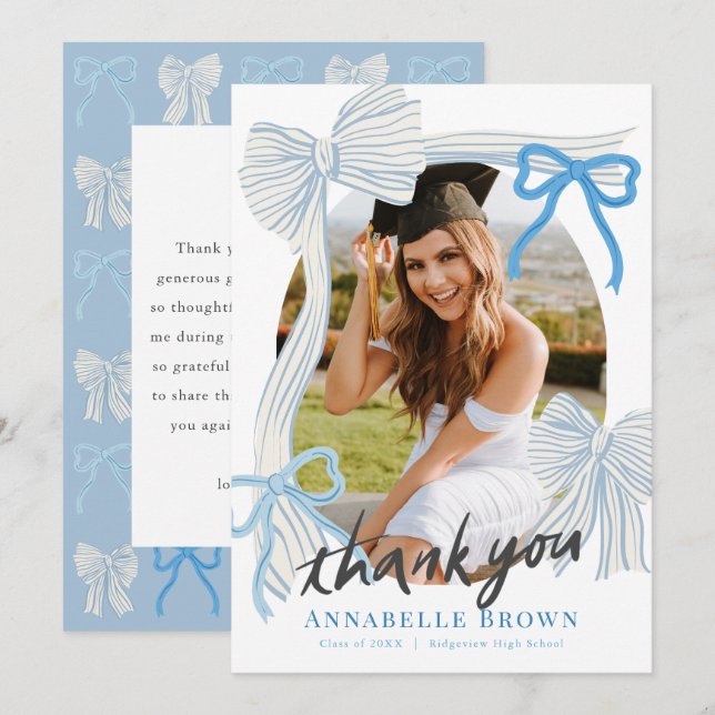 Invitación Blue Bows Photo Graduation Thank You Card (Anverso / Reverso)