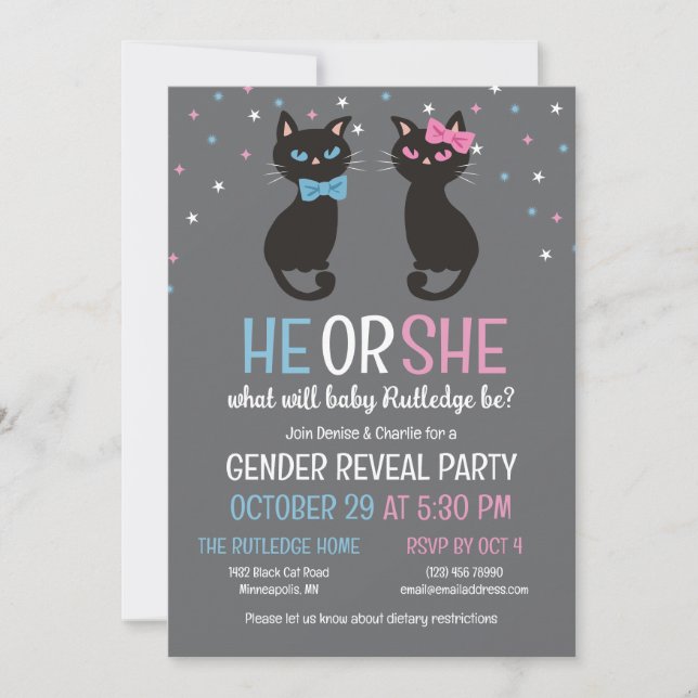 Invitación Blue Bows rosados Black Cats Gender Revelan (Anverso)