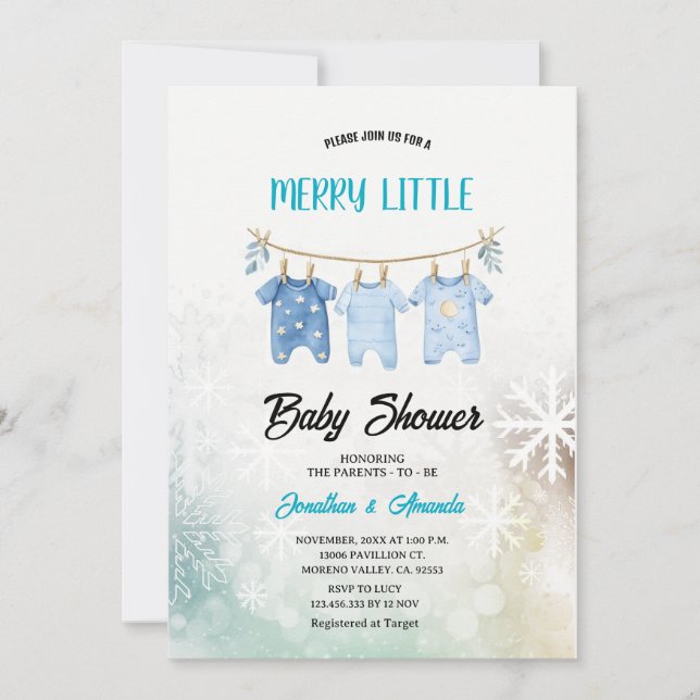 Invitación Blue Boy Baby Clothes Christmas Baby Shower  (Anverso)