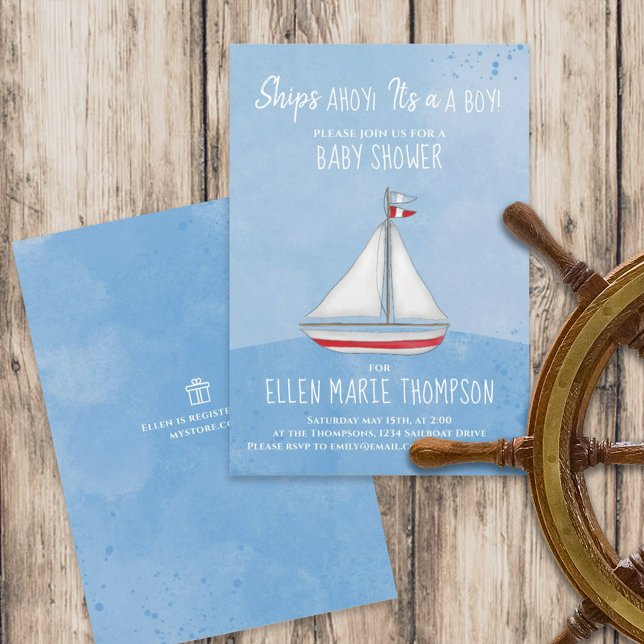 Invitación Blue Boy Baby Shower Cute Sailboat (Blue baby shower sailing initiation with "Ships ahoy, It's a boy" lettering. )
