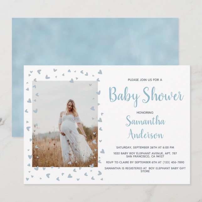 Invitación Blue Boy Baby Shower Elegant Dusty Heart Photo (Anverso / Reverso)