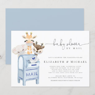Invitación Blue Boy Baby Shower Por Correo Mascaran Animales 