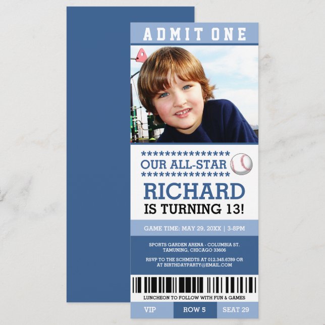 Invitación Blue Boy Baseball Ticket invita al cumpleaños (Anverso / Reverso)