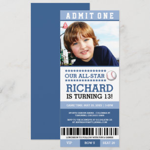 Invitación Blue Boy Baseball Ticket invita al cumpleaños