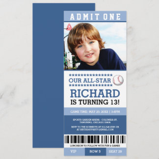 Invitación Blue Boy Baseball Ticket invita al cumpleaños