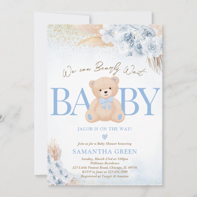 Invitación Blue Boy Bear Boho Baby Shower (Anverso)