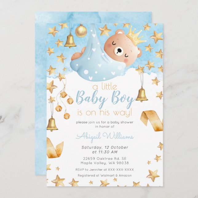 Invitación Blue Boy Bear en su camino, Baby Shower con estrel (Anverso / Reverso)
