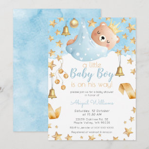 Invitación Blue Boy Bear en su camino, Baby Shower con estrel