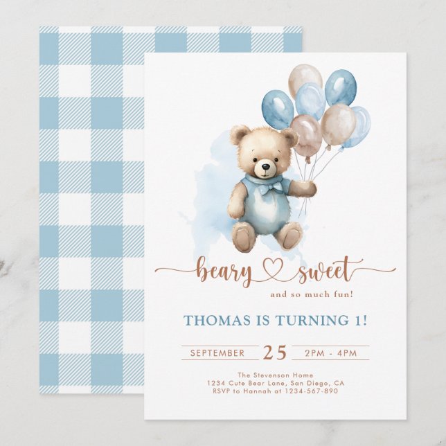 Invitación Blue Boy Beary Sweet 1er Cumpleaños Teddy Bear (Anverso / Reverso)