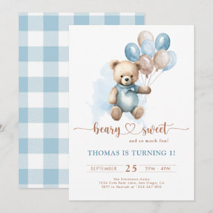 Invitación Blue Boy Beary Sweet 1er Cumpleaños Teddy Bear