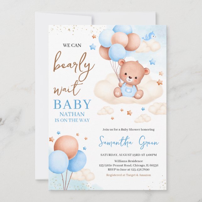 Invitación Blue Boy Boho Bear Baby Shower (Anverso)