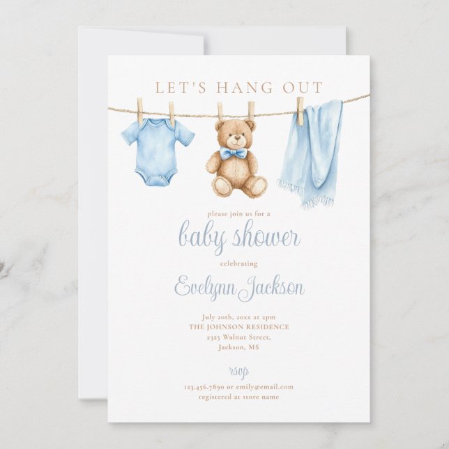 Invitación Blue Boy Clothesline Baby Shower All In One (Anverso)