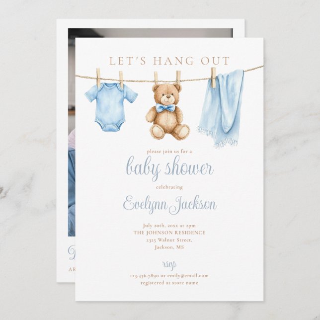 Invitación Blue Boy Clothesline Baby Shower Photo QR Code (Anverso / Reverso)