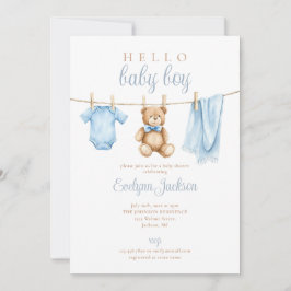 Invitación Blue Boy Clothesline Baby Shower Photo QR Code