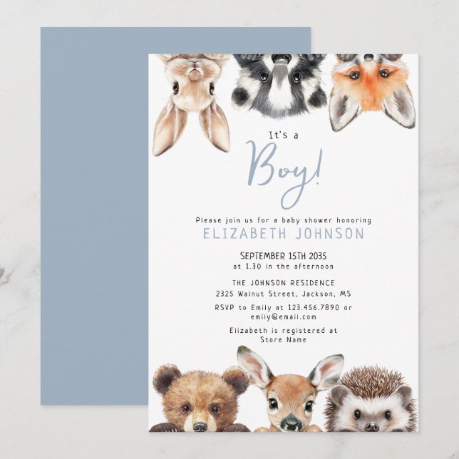 Invitación Blue Boy Cute Forest Woodland Animals Baby Shower (Anverso / Reverso)