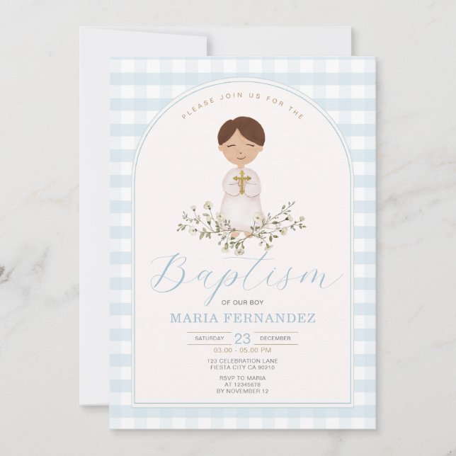 Invitación Blue Boy Greenery Moderno Baptism Gingham (Anverso)