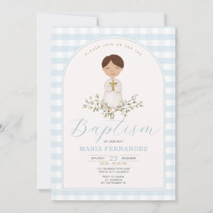 Invitación Blue Boy Greenery Moderno Baptism Gingham