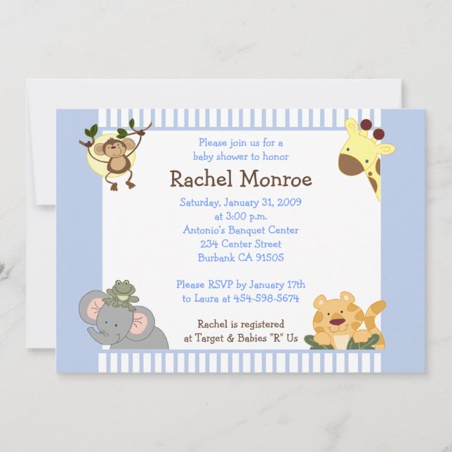 Invitación Blue Boy Jungle Safari Friends 5x7 Baby Shower (Anverso)