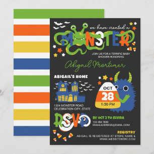 Invitación Blue Boy Monster Typography Halloween Baby Shower