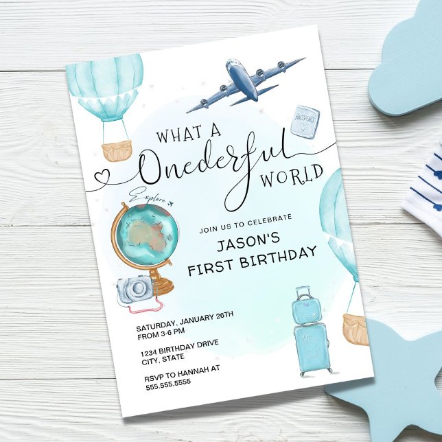 Invitación Blue Boy OneMaravilloso Mundo Primer cumpleaños (Subido por el creador)