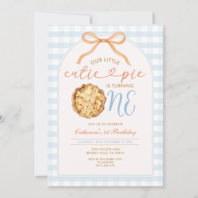 Invitación Blue Boy Our Little Cutie Pie Gingham Primer Cumpl (Anverso)