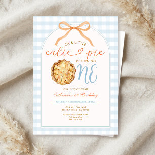 Invitación Blue Boy Our Little Cutie Pie Gingham Primer Cumpl