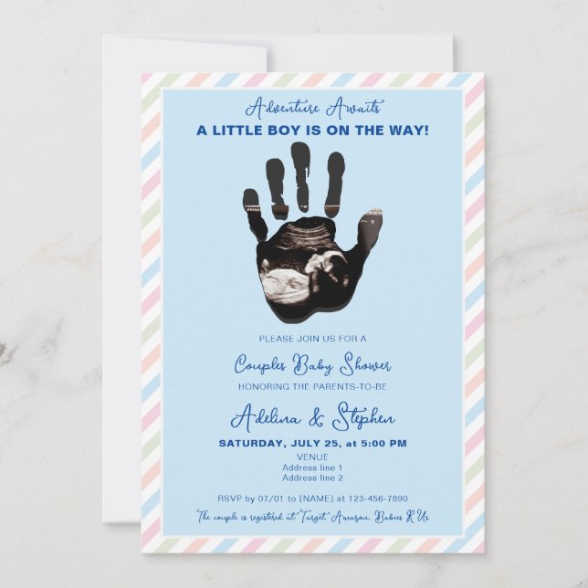 Invitación Blue Boy Pastel Ultrasonido Parejas Baby Shower (Anverso)