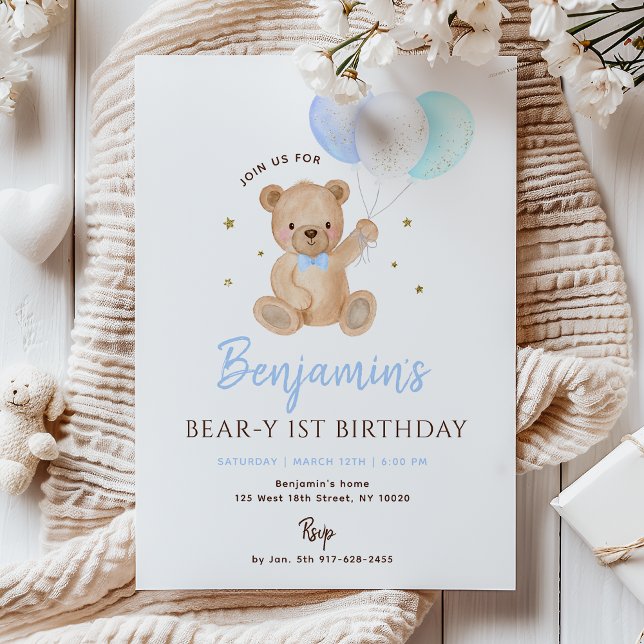 Invitación Blue Boy Teddy Bear Balloon First Birthday (Subido por el creador)