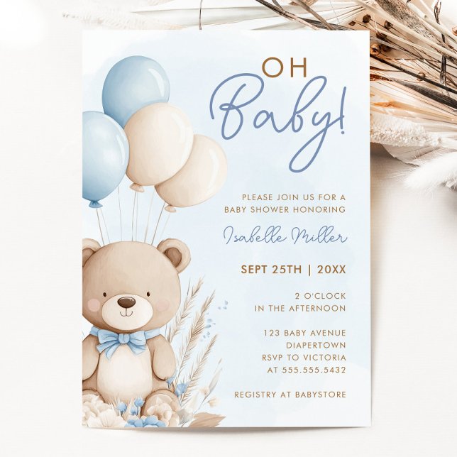 Invitación Blue Boy Teddy Bear Boho Baby Shower (Blue Boy Teddy Bear Boho Baby Shower Invitation)