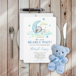 Invitación Blue Boy Teddy Bear On Moon Watercolor Baby Shower