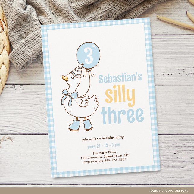 Invitación Blue Boy Three Silly Goose Cumpleaños 3 (The front of the invitation is shown in a 5x7-inch size. Choose size, paper, and corner sty)