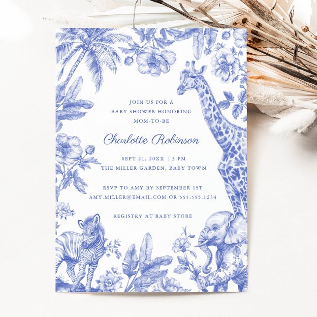 Invitación Blue Boy Toile Safari Elegante Baby Shower (Blue Boy Toile Safari Elegant Baby Shower Invitation)