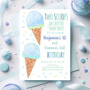 Invitación Blue Boy Two Scoops Ice Cream Joint Birday