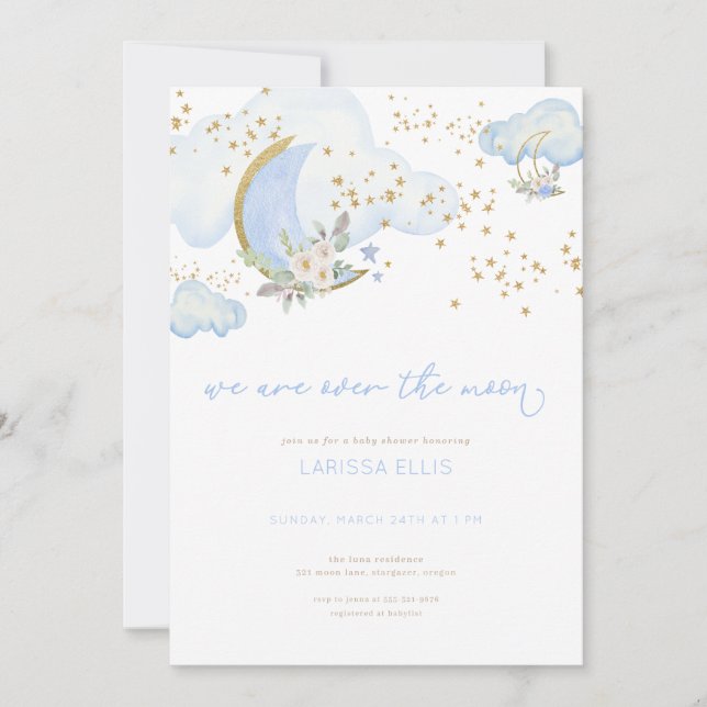 Invitación Blue Boy We are Over the Moon Baby Shower Invite (Anverso)