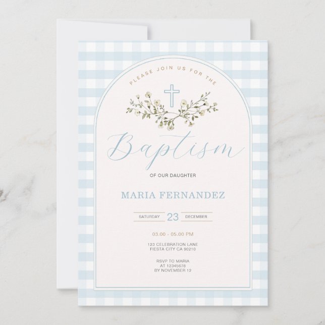 Invitación Blue Boy Wildflowers Modern Christening Gingham (Anverso)