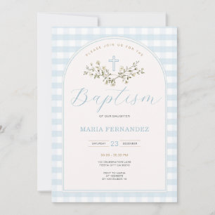 Invitación Blue Boy Wildflowers Modern Christening Gingham