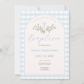 Invitación Blue Boy Wildflowers Modern Christening Gingham