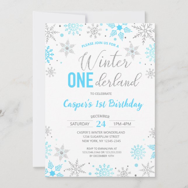 Invitación Blue Boy Winter Onederland Snowflake Primer cumple (Anverso)