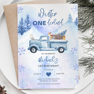 Invitación Blue Boy Woodland Winter Truck Onederland Cumpleañ
