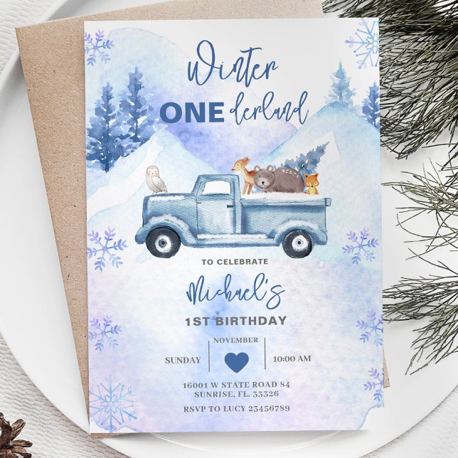 Invitación Blue Boy Woodland Winter Truck Onederland Cumpleañ (Subido por el creador)