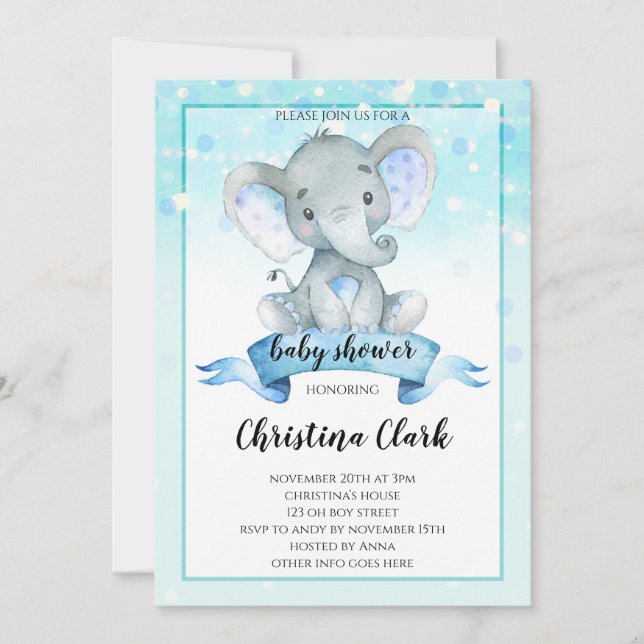 Invitación Blue Boys Baby Elephant Baby Shower (Anverso)