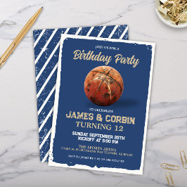 Invitación Blue Boys Baloncesto Tema de cumpleaños doble