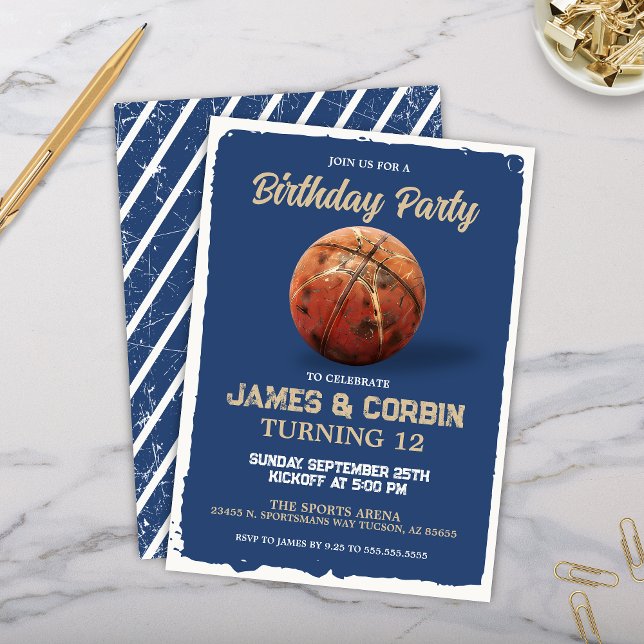 Invitación Blue Boys Baloncesto Tema de cumpleaños doble (Blue Basketball Theme Dual Double Birthday Parrty Invitation Boys Birthday Invites)