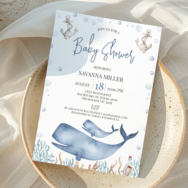 Invitación Blue Boys Whale Calf Baby Shower (Whale Baby Shower Invitation Boy, Whale Calf Baby Shower Invite, Ocean Under the Sea Baby Shower)