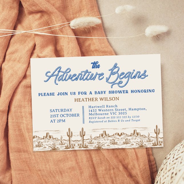 Invitación Blue Boys Wilderness Adventure comienza Baby Showe (Boys Adventure Begins Baby Shower Invitation, Wilderness, Western Desert, Rodeo, Wild West Rope)