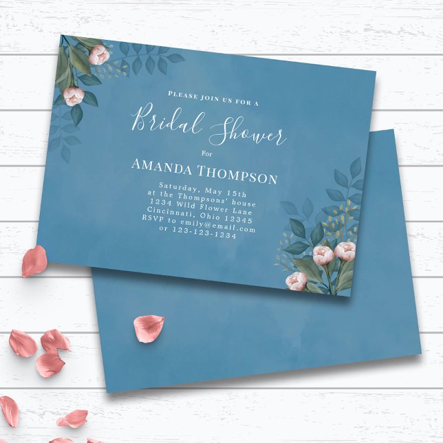 Invitación Blue Bridal Shower Elegant Personalizado Floral (Blue Bridal Shower Invitation with watercolor pink floral rose buds.)