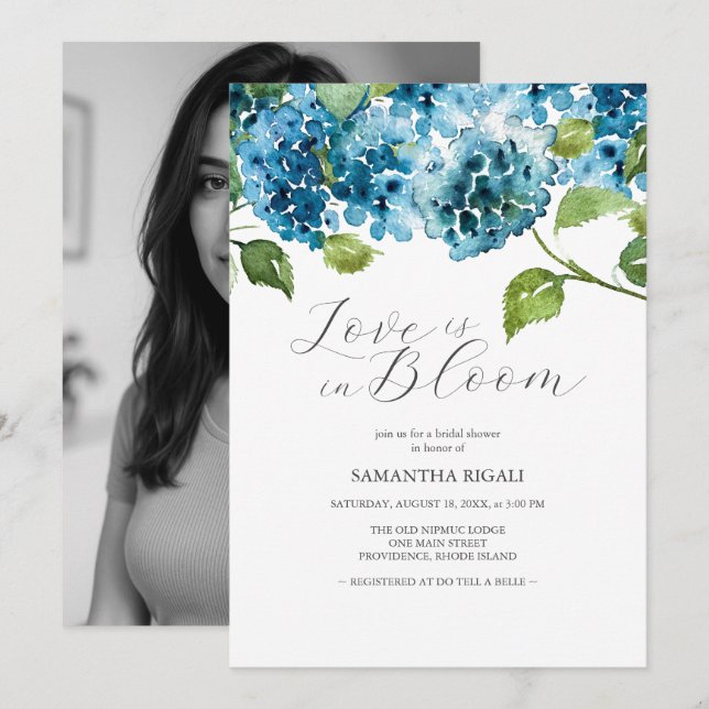 Invitación Blue Bridal Shower Invitations Hydrangea (Anverso / Reverso)