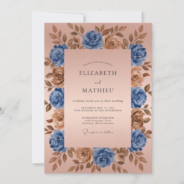 Invitación Blue Bronze Floral Romantic Wedding (Anverso)